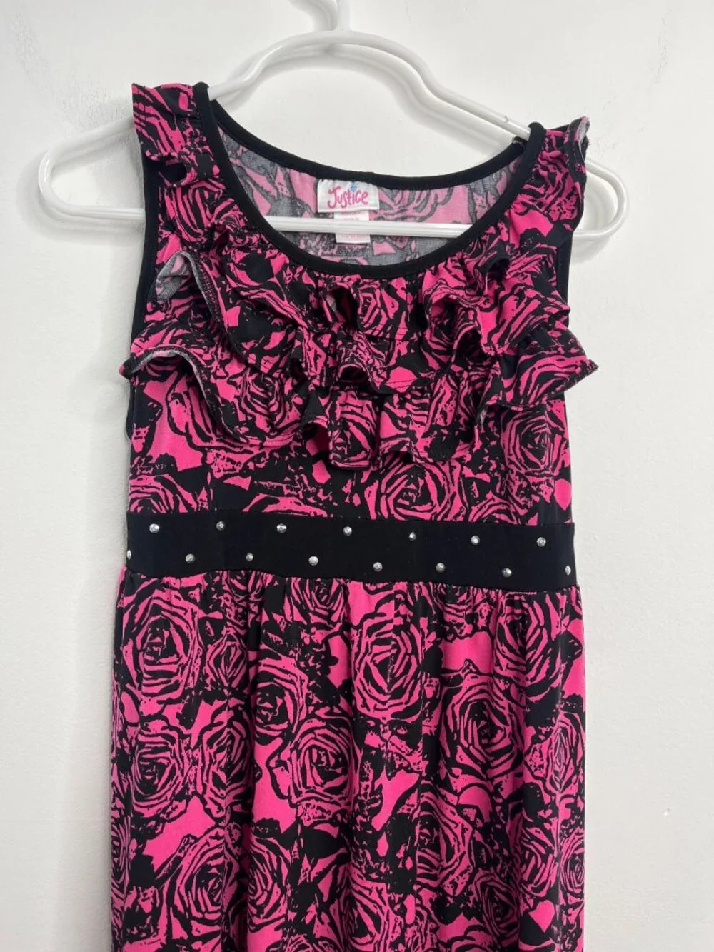 Justice Girls Size 12 Pink Black Floral Sleeveless Ruffle Dress